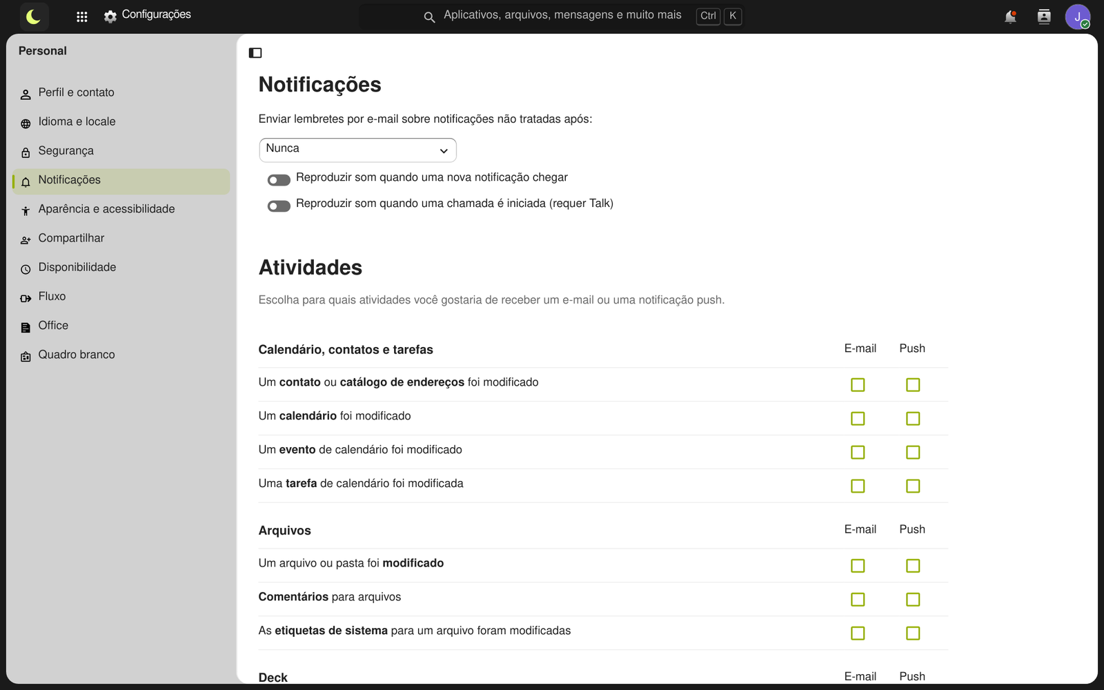 Configurações de notificações com os lembretes por e-mail e a escolha de avisos por e-mail ou no navegador para cada tipo de atividade
