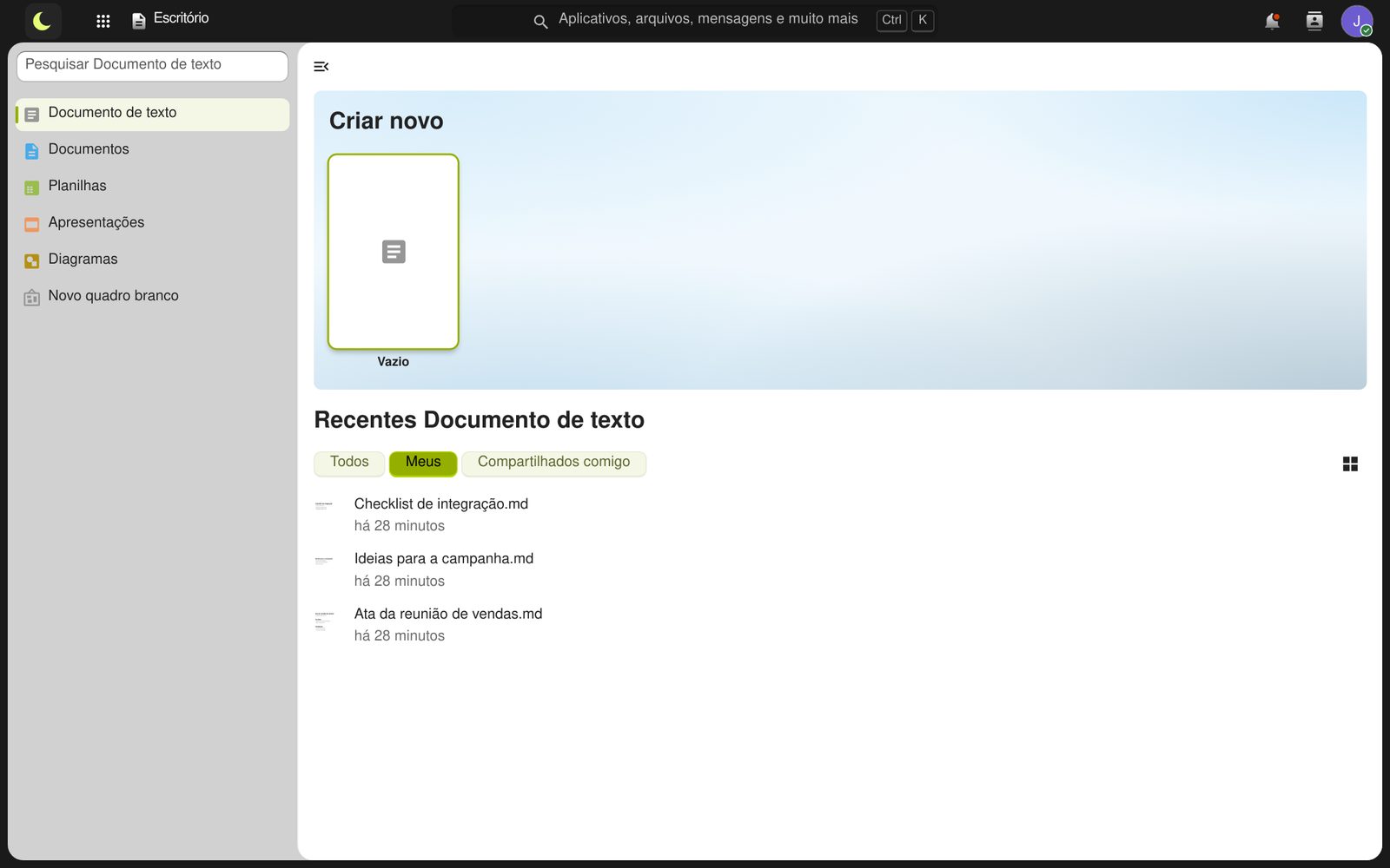 App Escritório com os tipos de arquivo à esquerda, o botão para criar um arquivo vazio e a lista dos recentes