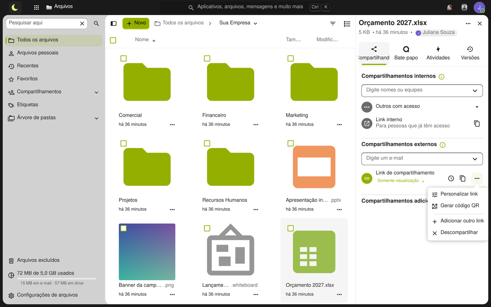 Painel de compartilhamento com o menu do link aberto: Personalizar link, Gerar código QR, Adicionar outro link e Descompartilhar