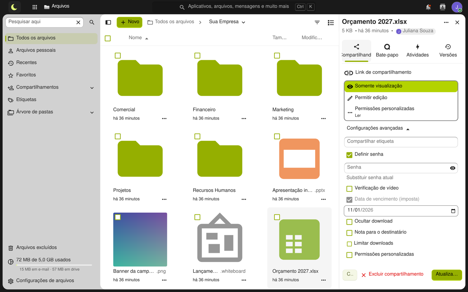 Opções do link: Somente visualização, Permitir edição, Permissões personalizadas, Definir senha, Data de vencimento, Ocultar download, Nota para o destinatário e Limitar downloads