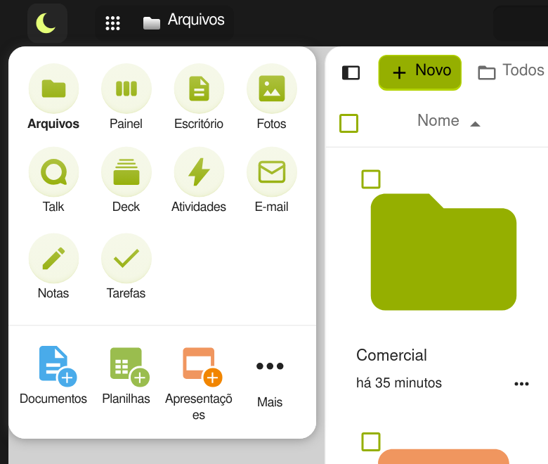 Menu de apps aberto com Arquivos, Painel, Escritório, Fotos, Talk, Deck, Atividades, E-mail, Notas e Tarefas, e a linha para criar Documentos, Planilhas e Apresentações