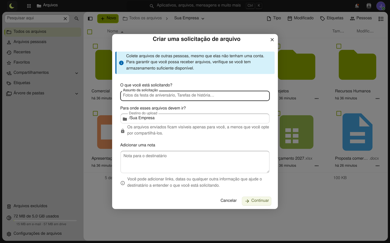 Janela Criar uma solicitação de arquivo com o assunto, a pasta de destino e a nota para o destinatário