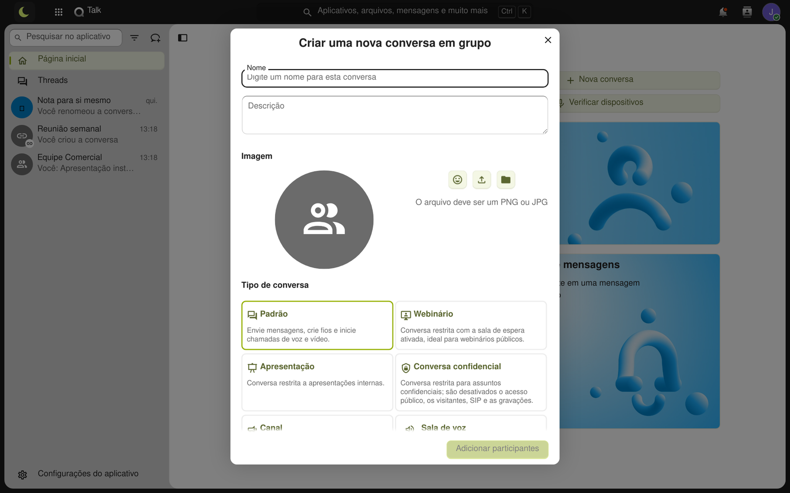 Janela Criar uma nova conversa em grupo com nome, descrição, imagem e o tipo de conversa