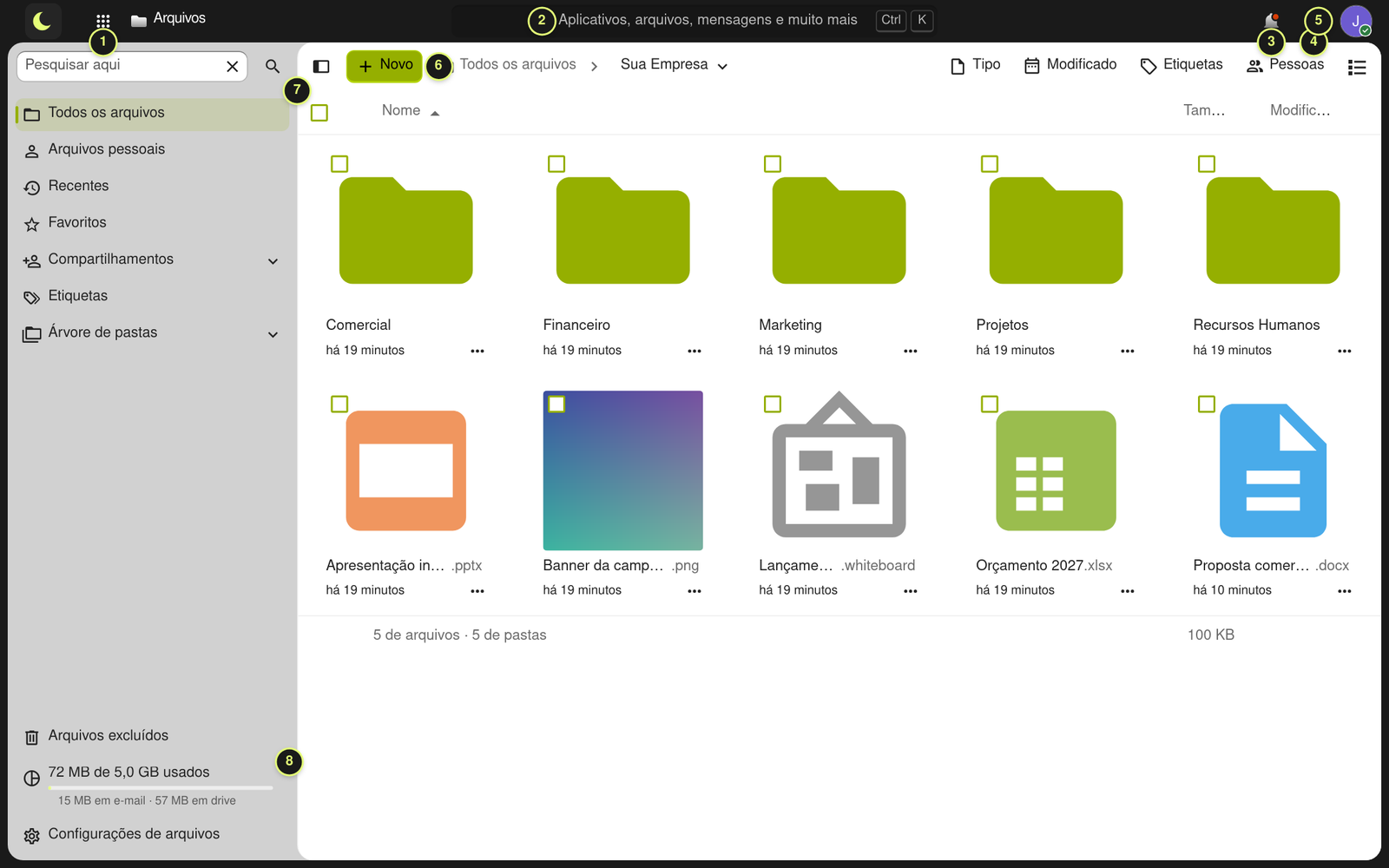 Tela de Arquivos do Drive com os itens numerados de 1 a 8: menu de apps, busca, notificações, contatos, menu da conta, botão Novo, navegação e espaço usado