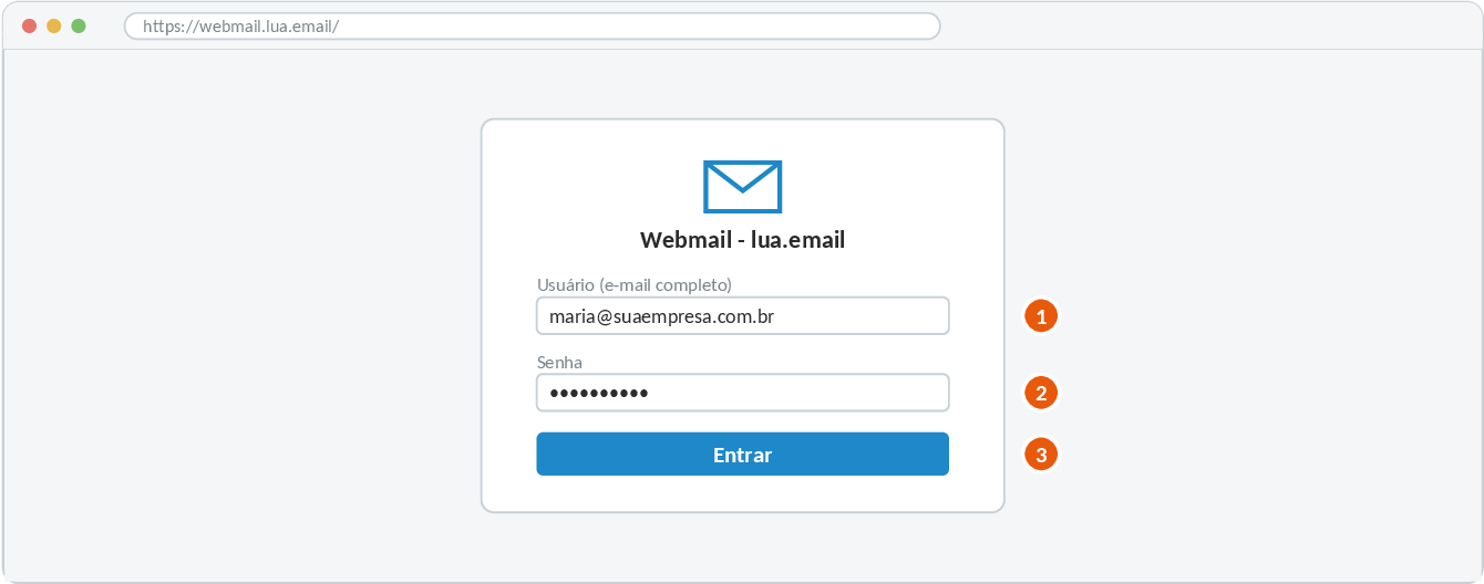 Tela de acesso do webmail com os campos Usuário, Senha e o botão Entrar numerados de 1 a 3