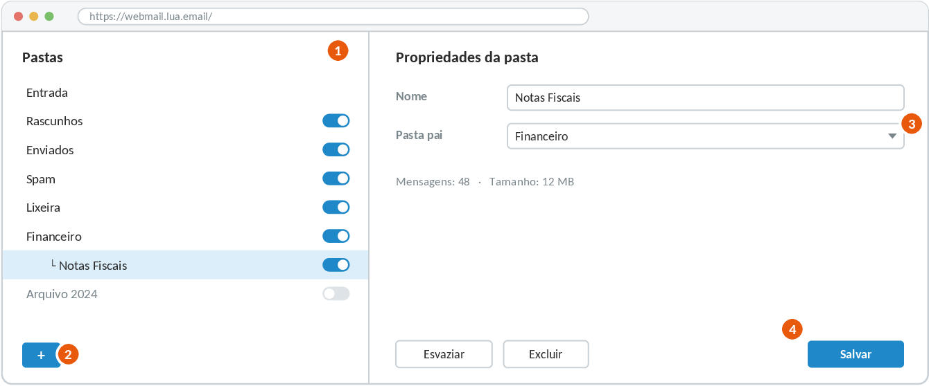 Tela Configurações, Pastas, com a lista de pastas à esquerda e as propriedades da pasta à direita