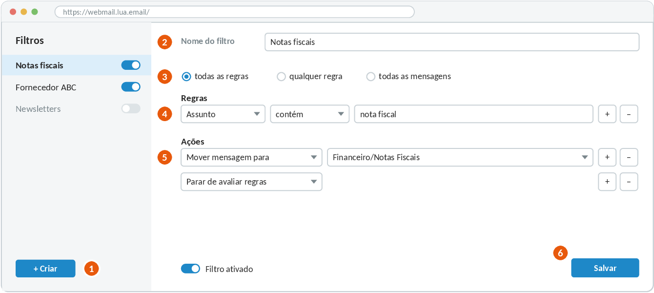 Tela de criação de filtro com nome, forma de combinar regras, regras, ações e botão Salvar