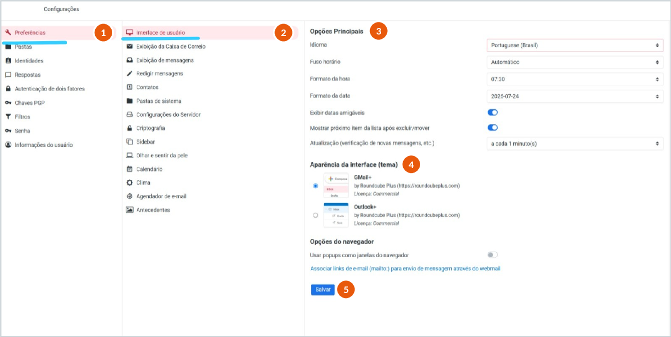 Captura real de Configurações, Preferências, Interface de usuário, com Opções Principais e Aparência da interface (tema)