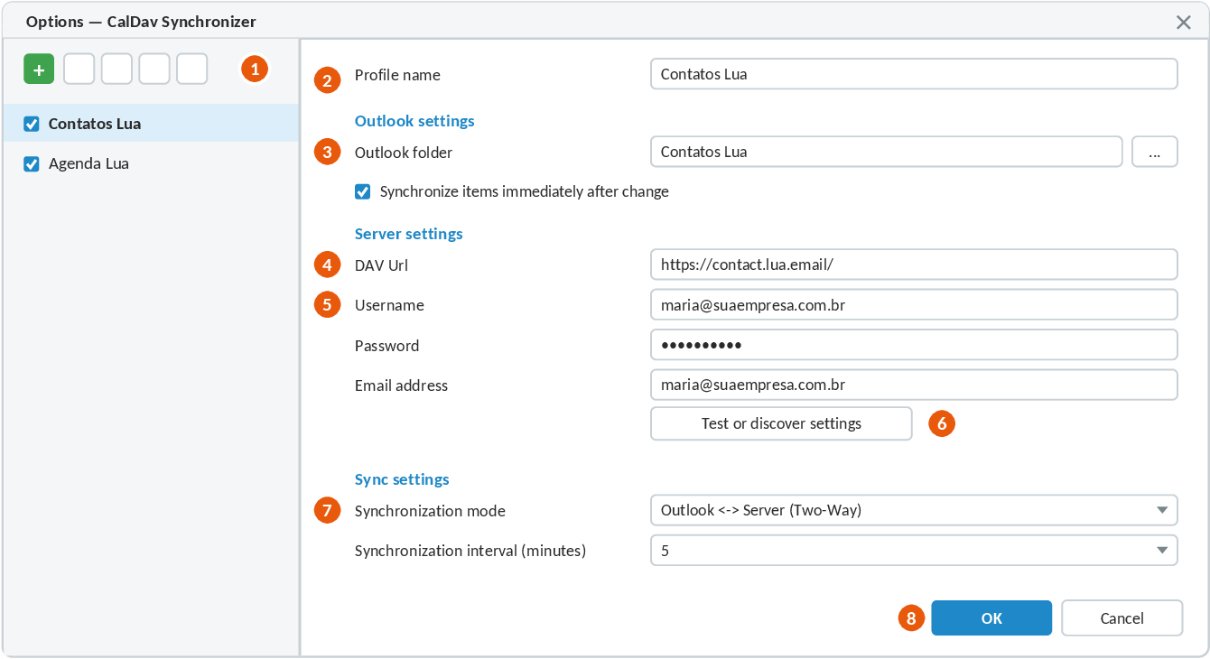 Janela de opções do CalDav Synchronizer com nome do perfil, pasta do Outlook, DAV Url, usuário, senha e modo de sincronização