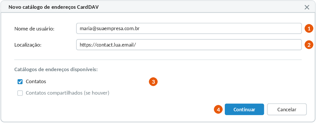 Janela Novo catálogo de endereços CardDAV do Thunderbird com nome de usuário e localização