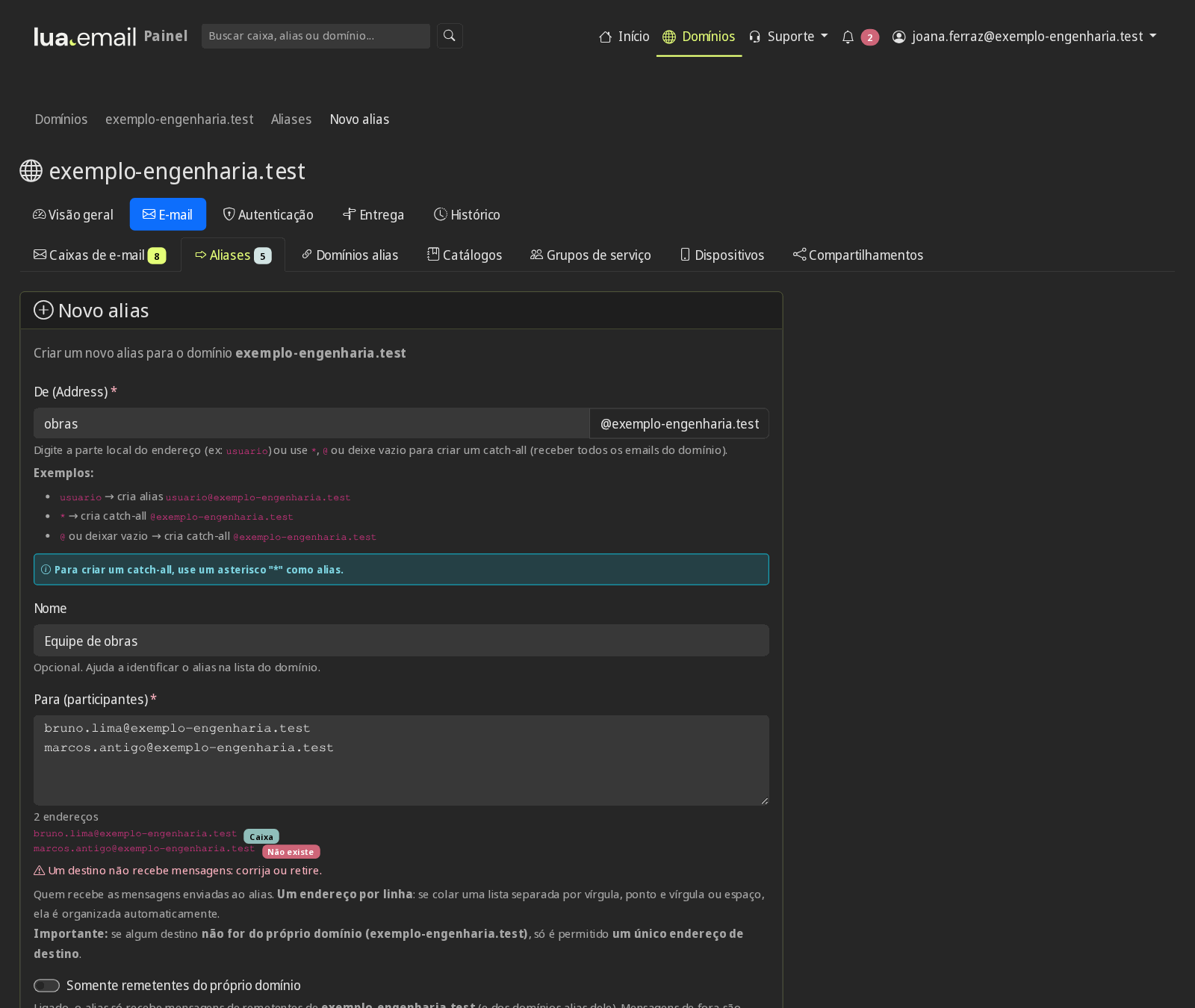 Formulário Novo alias com dois destinos, um marcado como Caixa e outro como Não existe, e o aviso de que um destino não recebe mensagens