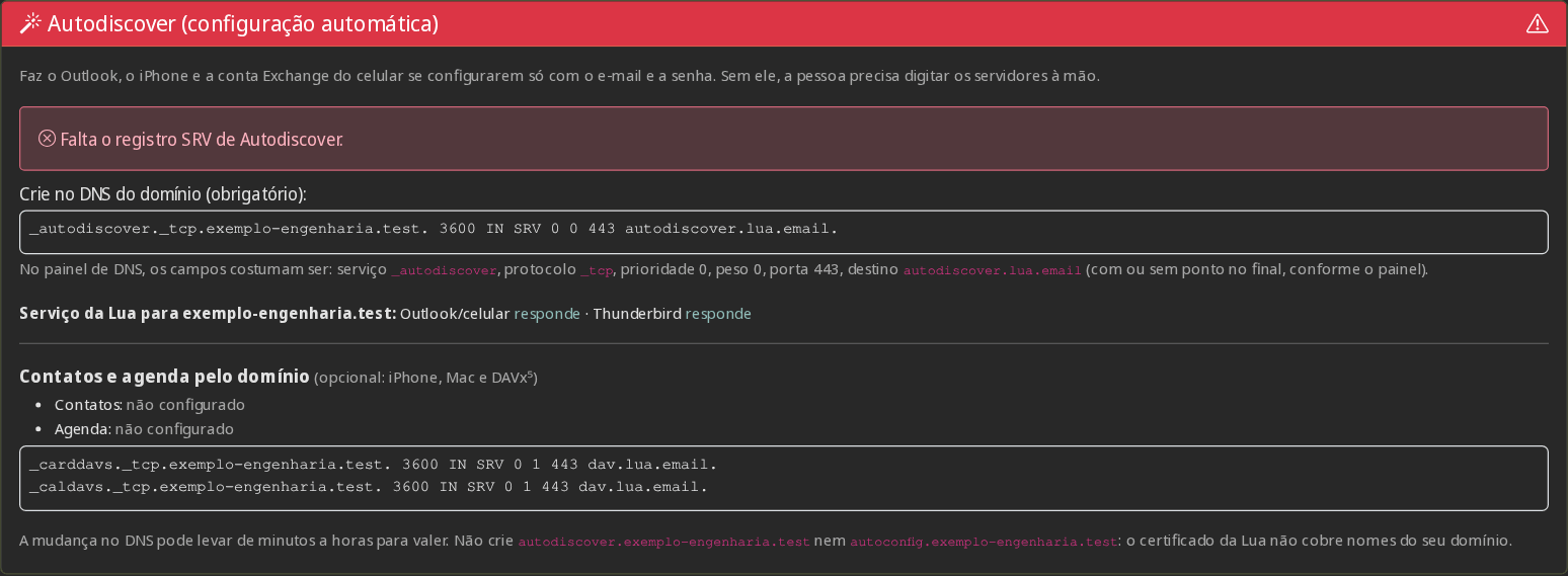 Bloco Autodiscover em vermelho avisando que falta o registro SRV, com o registro pronto para copiar e os registros opcionais de contatos e agenda