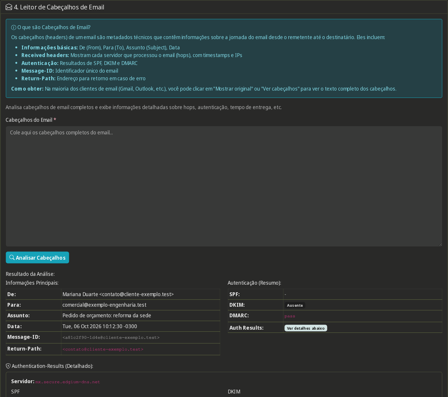Resultado do leitor de cabeçalhos com remetente, assunto, resultados de SPF, DKIM e DMARC e o caminho da mensagem