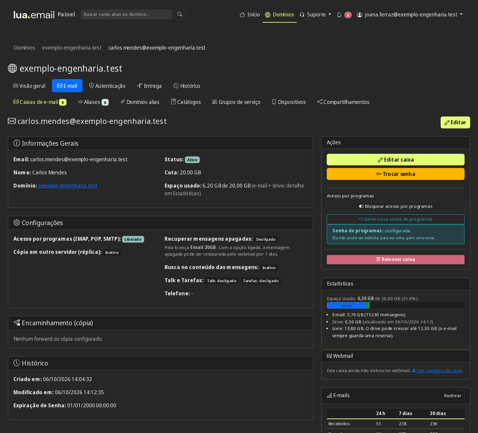Página da caixa com informações gerais, configurações, ações, estatísticas de espaço, webmail e contagem de e-mails