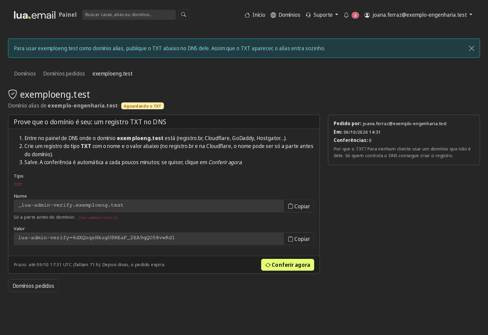 Pedido de domínio alias aguardando o registro TXT