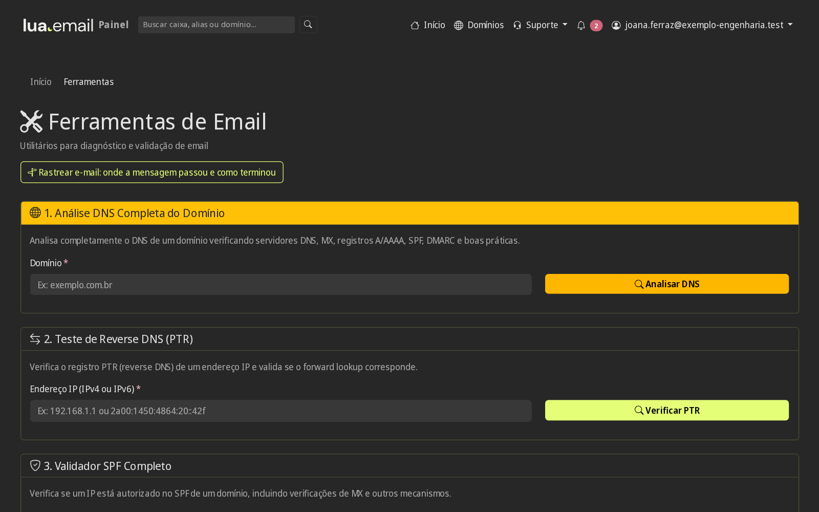 Tela Ferramentas com os testes de análise de DNS, reverse DNS, validador SPF e leitor de cabeçalhos