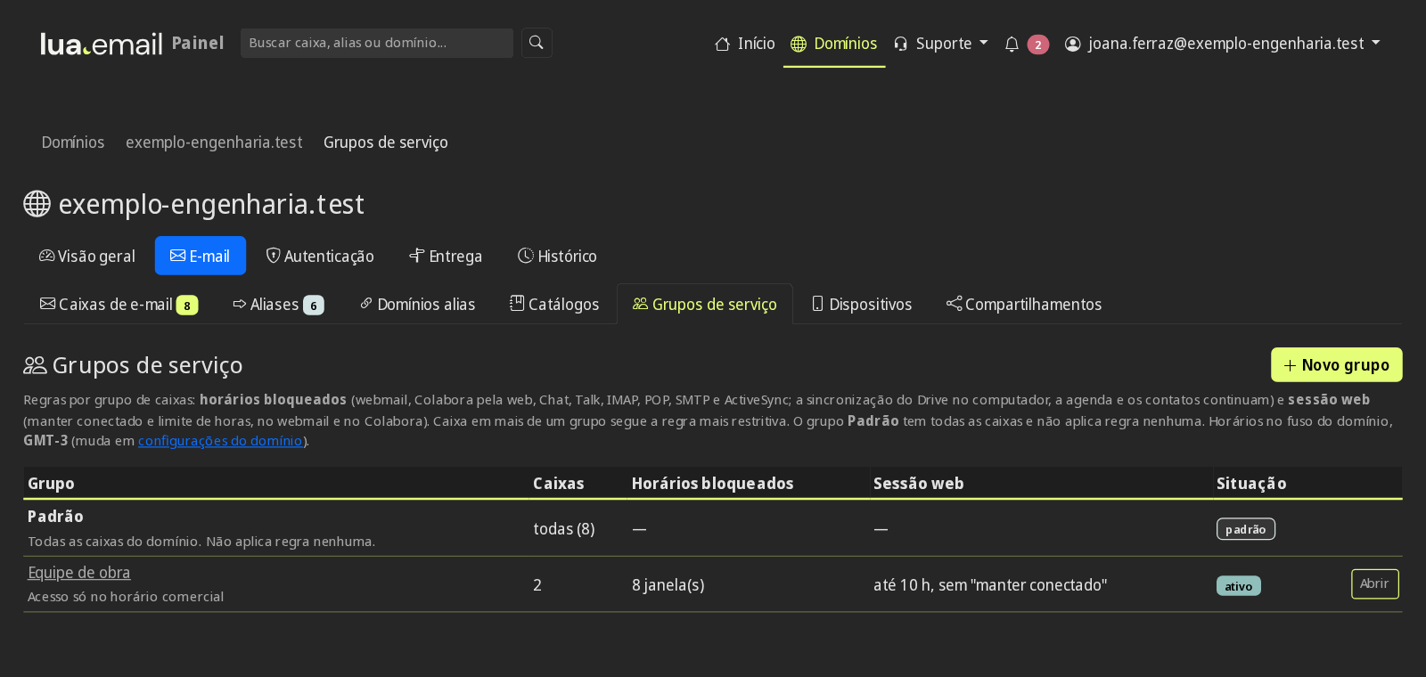Lista de grupos com o grupo Padrão e o grupo Equipe de obra com 2 caixas, 8 janelas de horário e sessão de até 10 horas