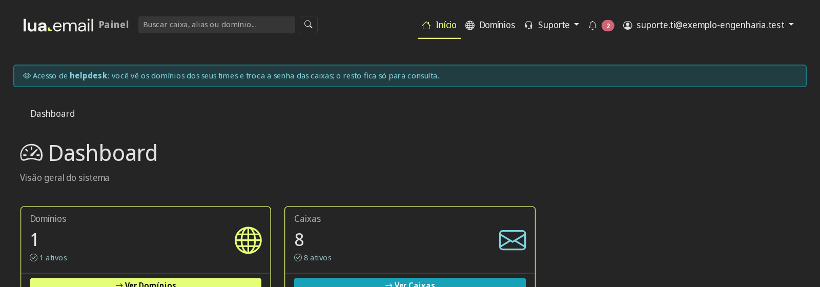 Tela inicial de um usuário helpdesk com o aviso Acesso de helpdesk no topo