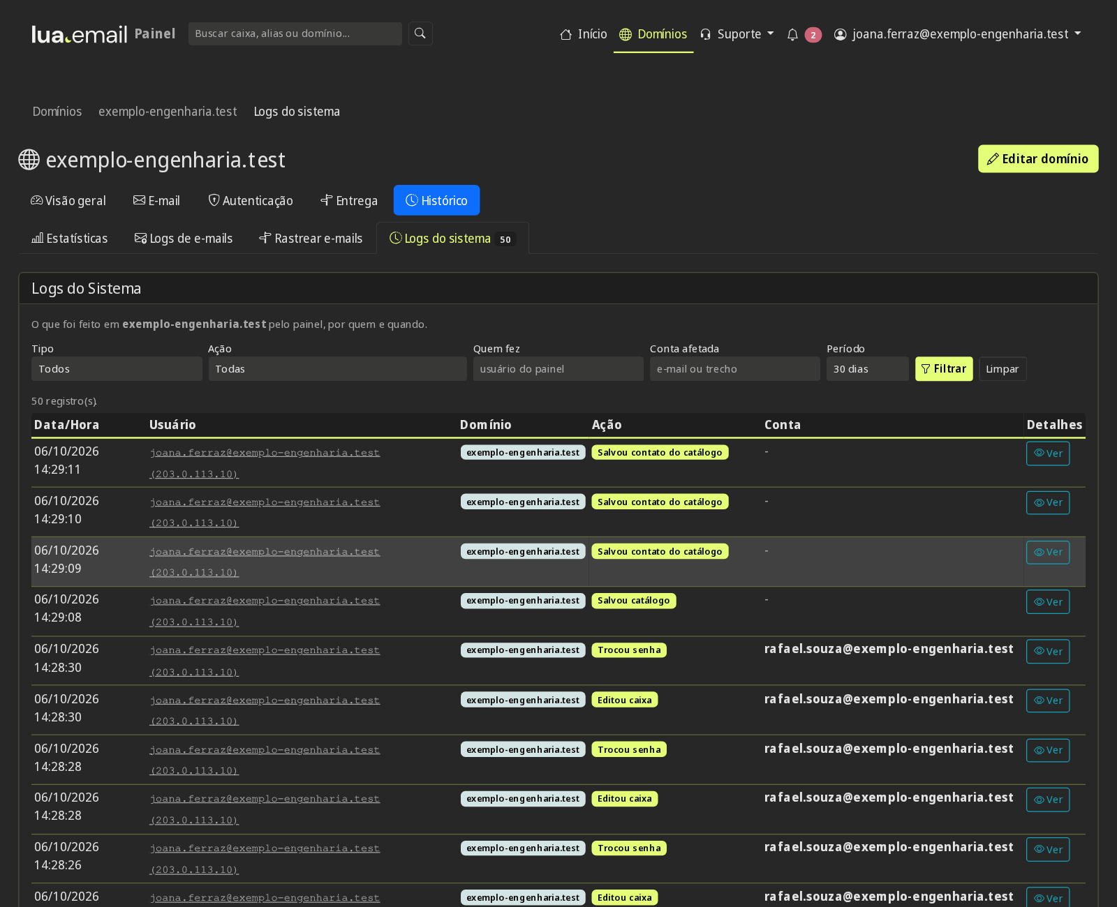 Logs do sistema com a criação de caixas e aliases, edição de caixa e geração de senha de programas