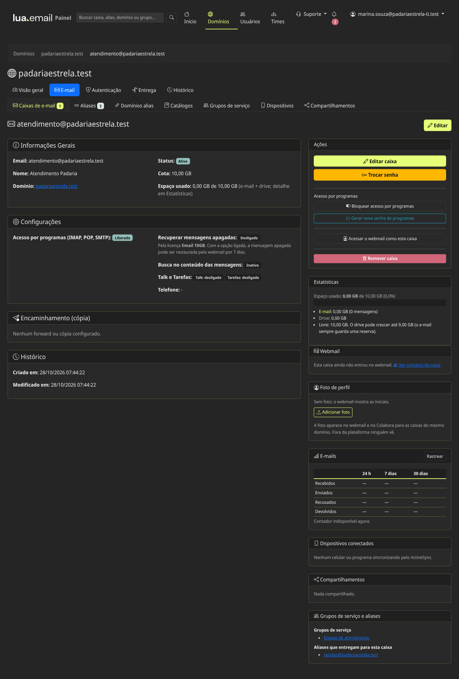 Página da caixa atendimento com informações gerais, configurações, ações, estatísticas, dispositivos e o quadro de grupos e aliases