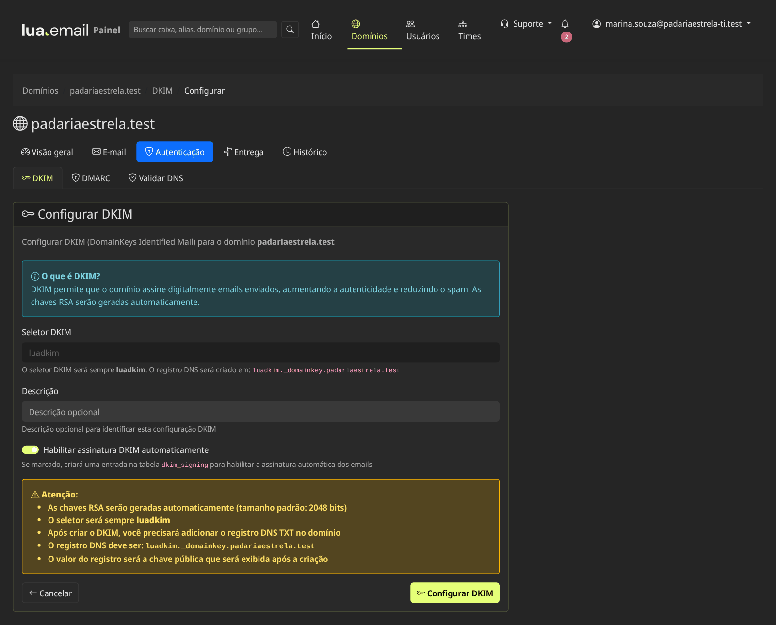 Tela Configurar DKIM com o seletor luadkim e a opção de habilitar a assinatura automaticamente