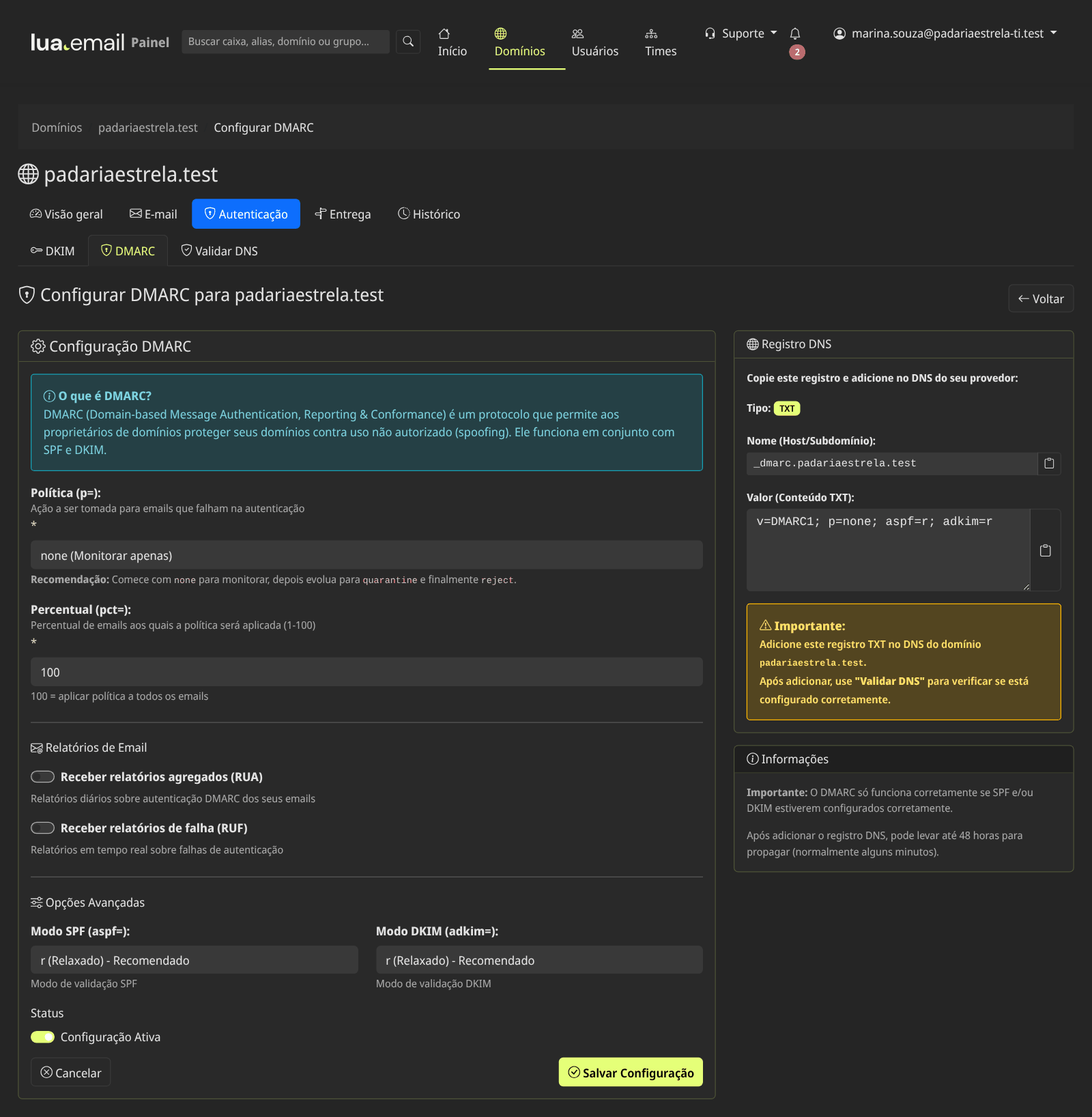 Tela Configurar DMARC com a política, o percentual, os relatórios e o registro DNS gerado