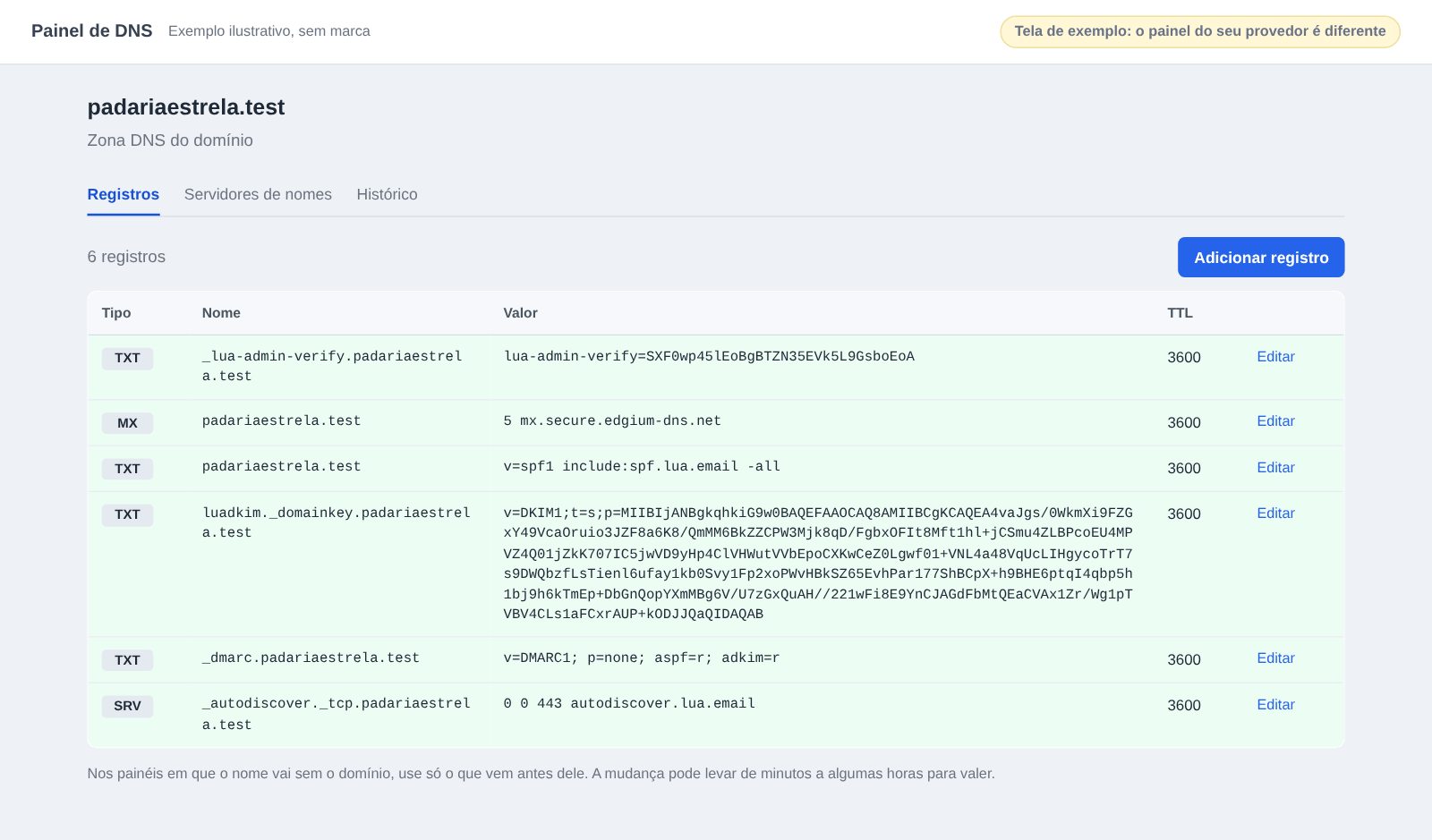 Tela de exemplo de um painel de DNS genérico, sem marca, com a tabela de registros Tipo, Nome, Valor e TTL: TXT de verificação, MX, SPF, DKIM, DMARC e SRV do Autodiscover