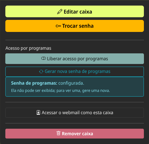 Quadro Ações com o botão Liberar acesso por programas, mostrando que o acesso por programas está bloqueado