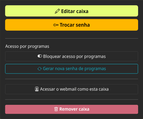 Quadro Ações da caixa com Acesso por programas liberado, o botão Bloquear acesso por programas e o botão Gerar nova senha de programas