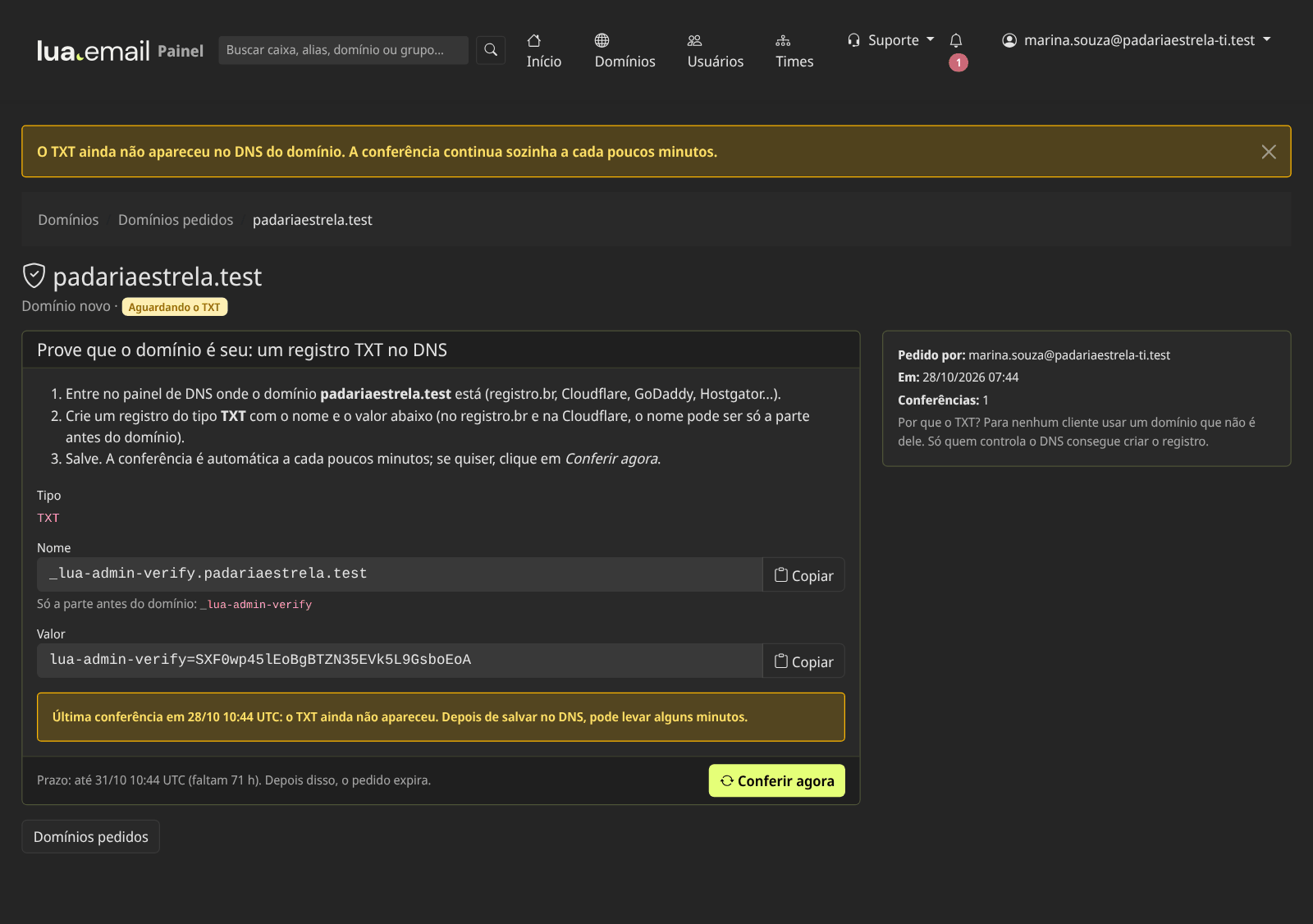Aviso de que o TXT ainda não apareceu no DNS, com a hora da última conferência
