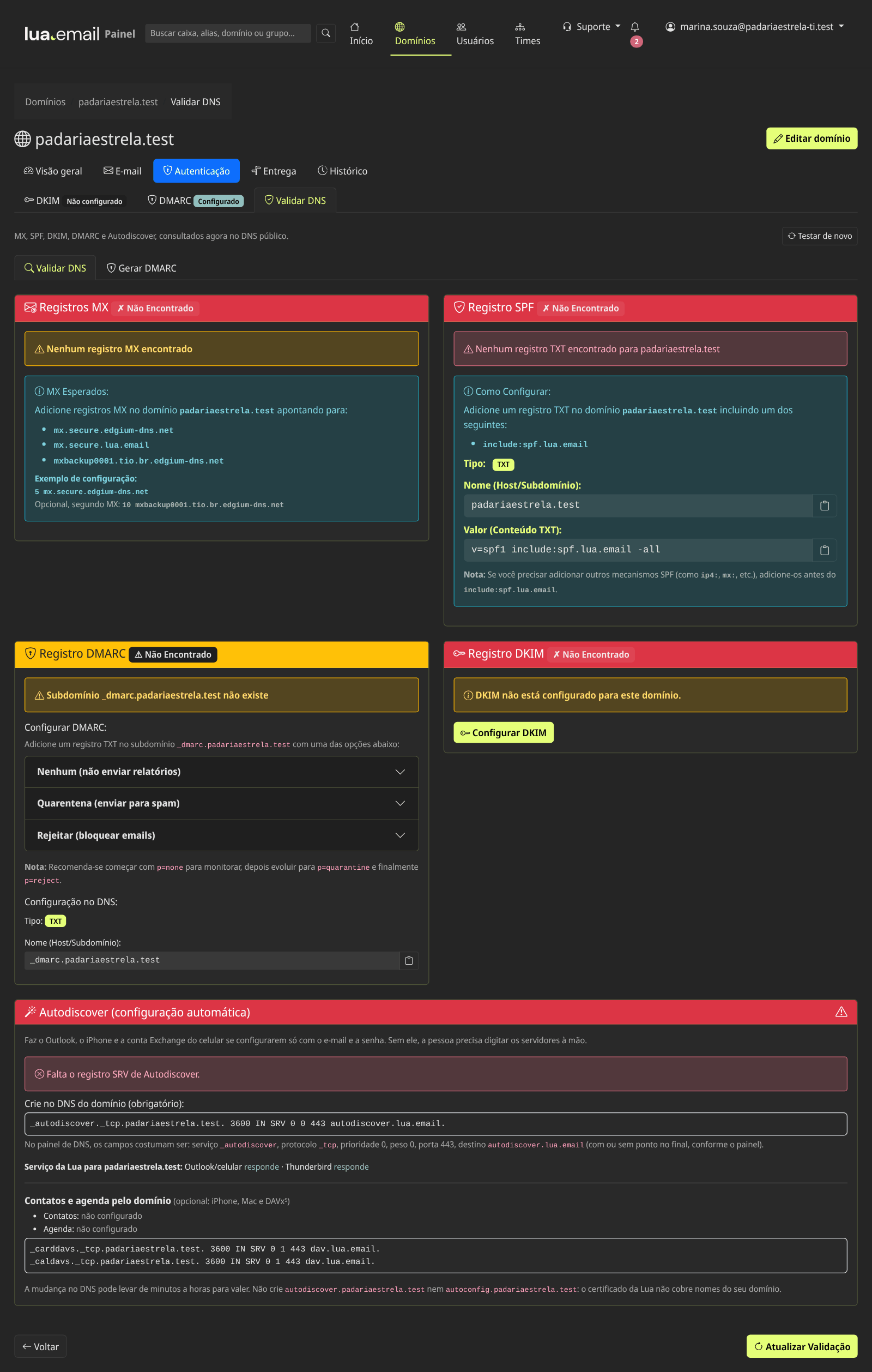 Validar DNS antes de configurar: MX, SPF, DMARC, DKIM e Autodiscover em vermelho, cada um com o registro a criar