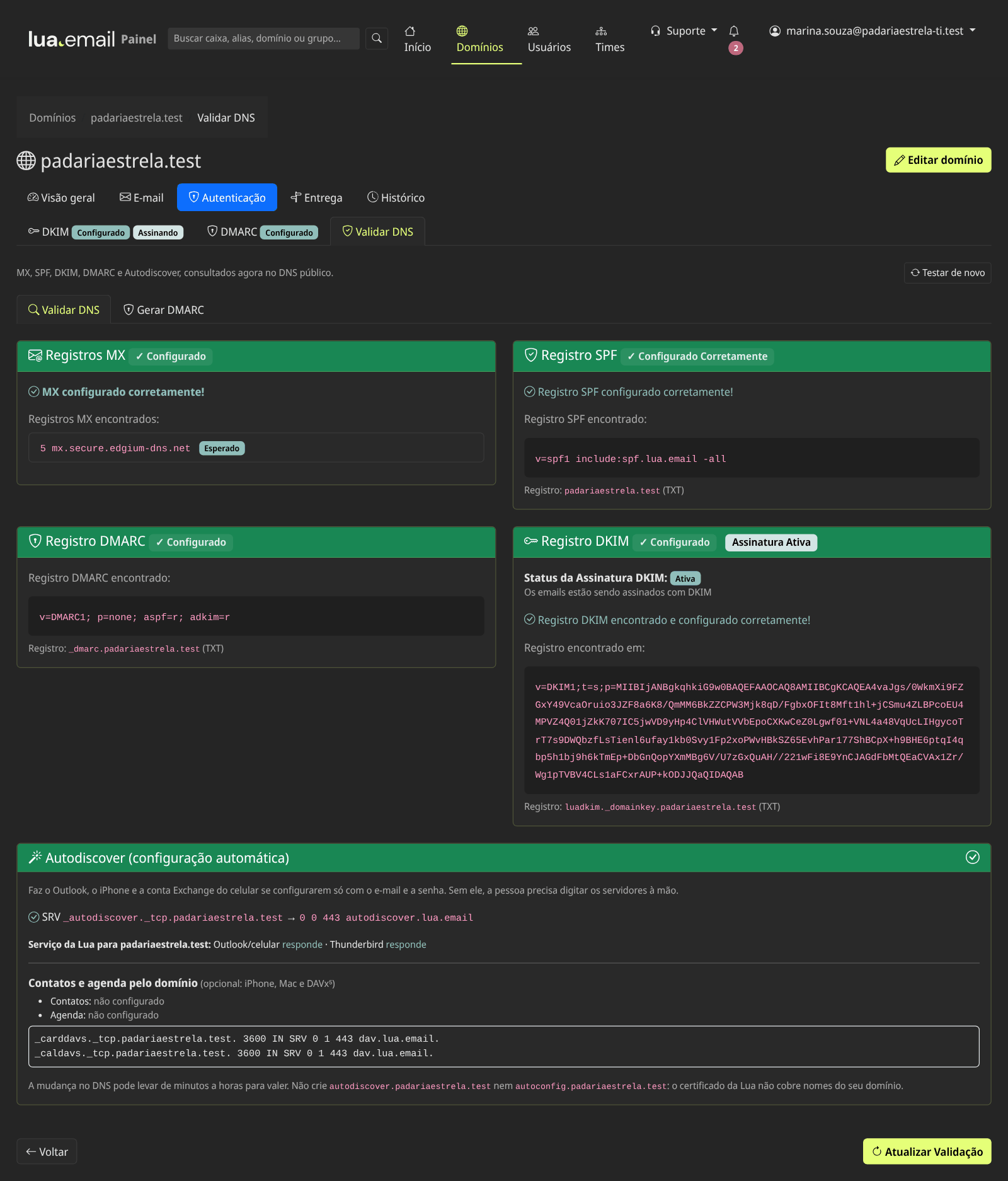 Validar DNS com MX, SPF, DMARC, DKIM e Autodiscover configurados corretamente, todos em verde