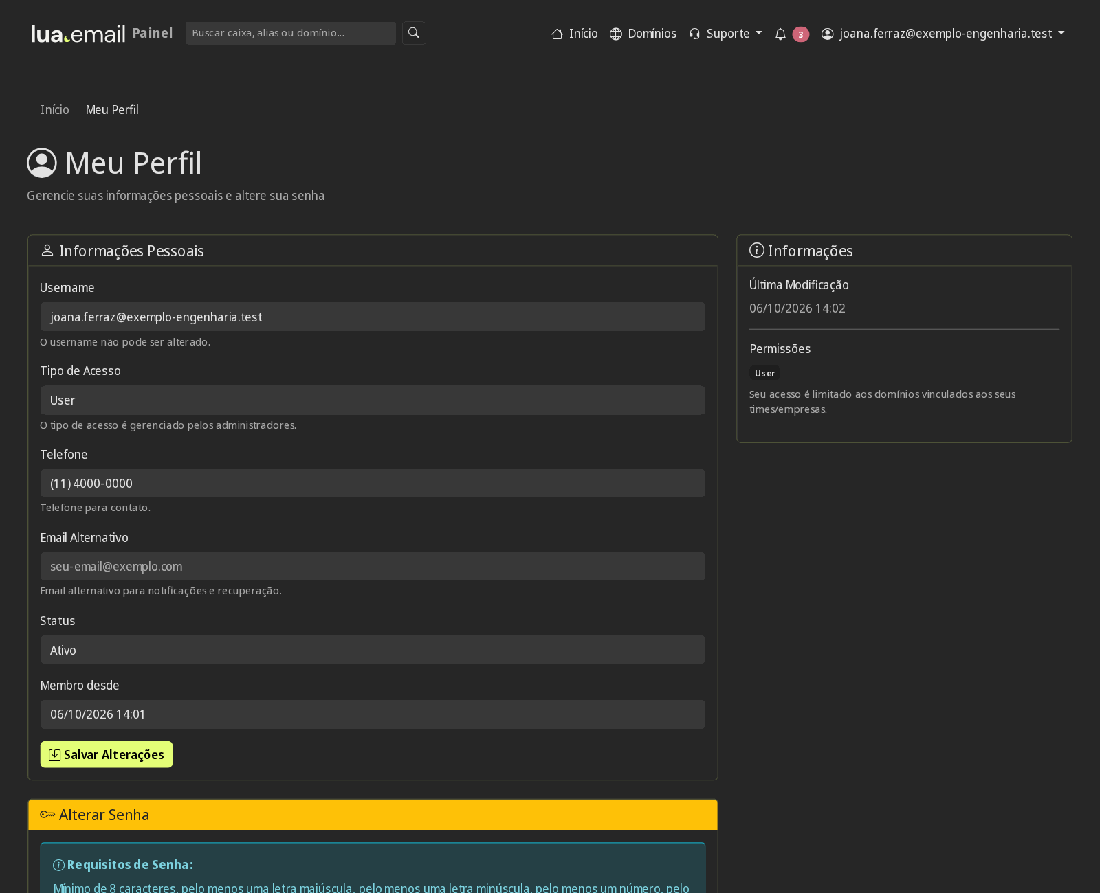 Tela Meu Perfil com telefone, e-mail alternativo, troca de senha e token de API