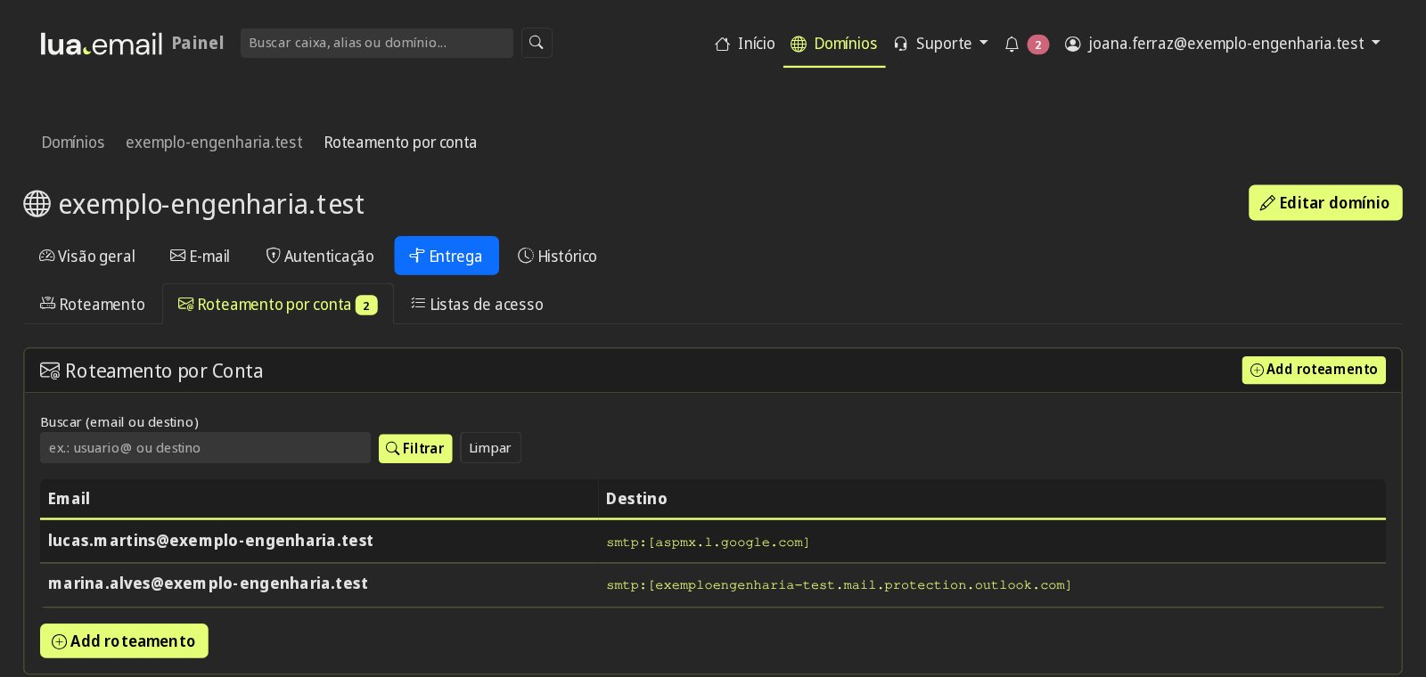 Lista de roteamento por conta com uma conta no Google e outra no Microsoft 365