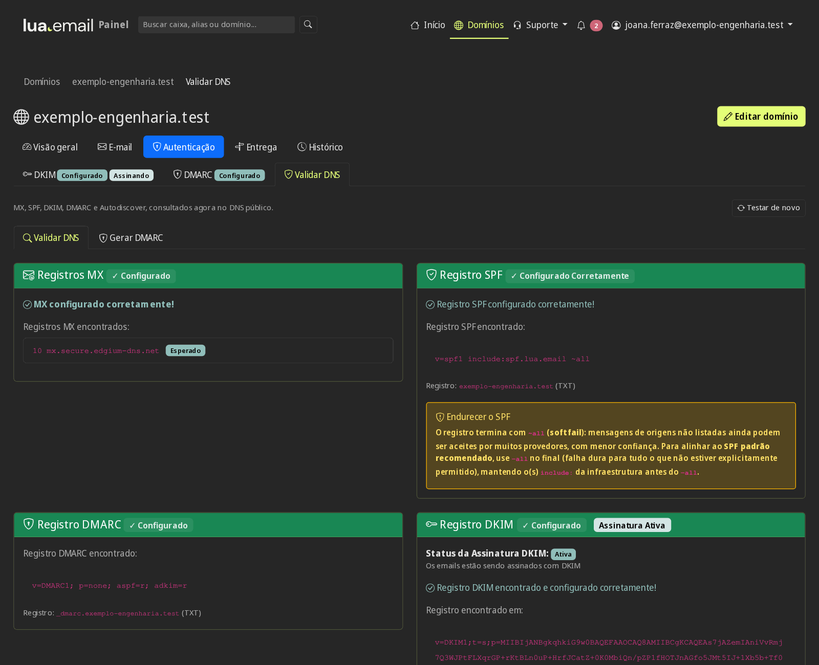 Validar DNS com MX, SPF, DMARC e DKIM configurados corretamente