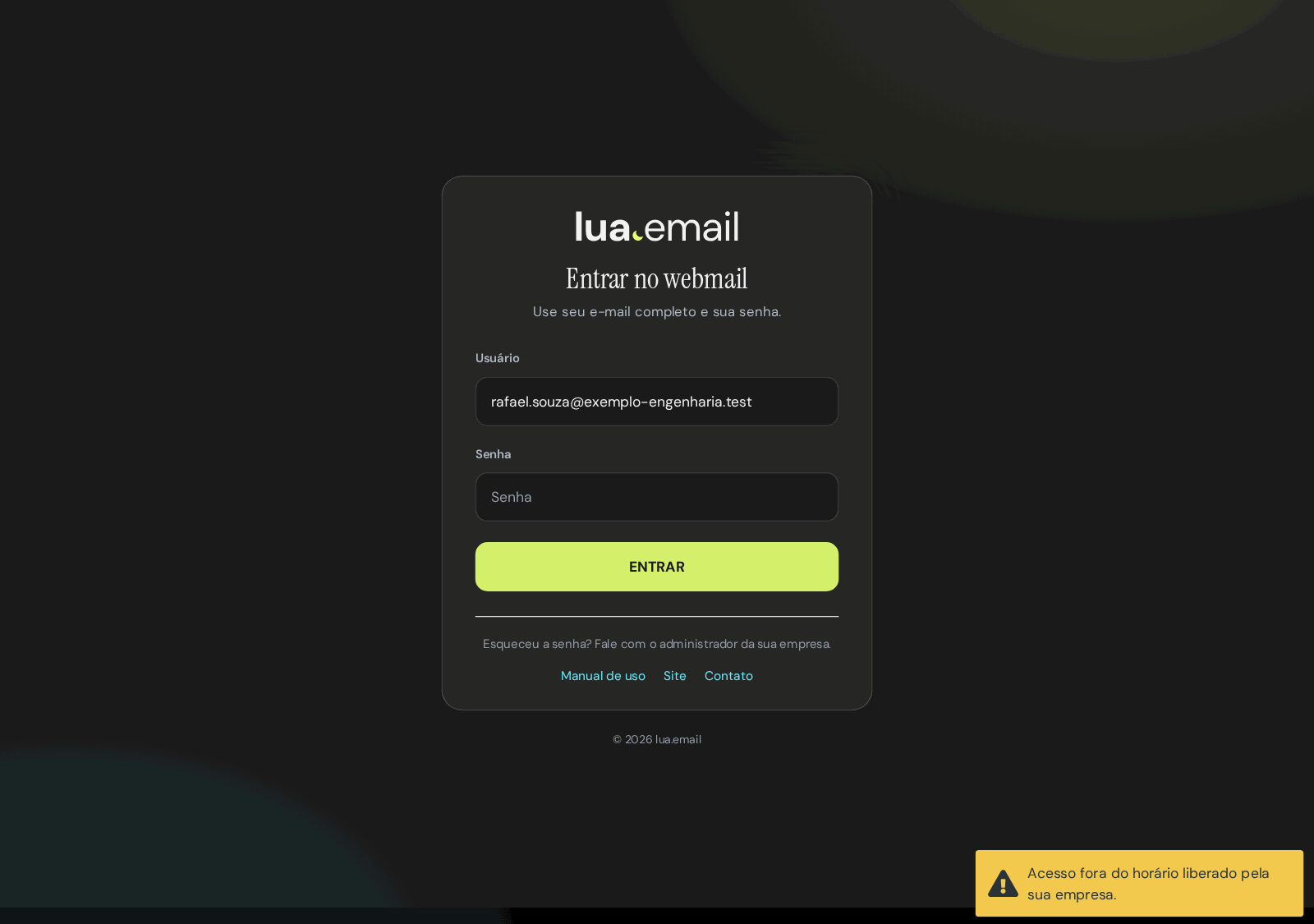 Tela de entrada do webmail com o aviso amarelo Acesso fora do horário liberado pela sua empresa