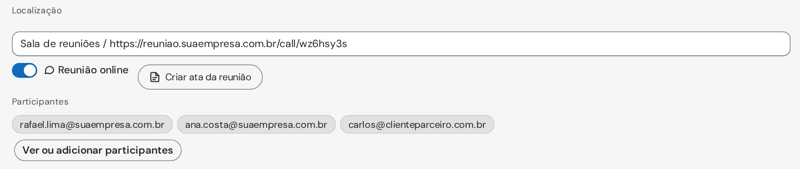 Evento com Reunião online ligada, o botão Criar ata da reunião ao lado dela e três participantes convidados
