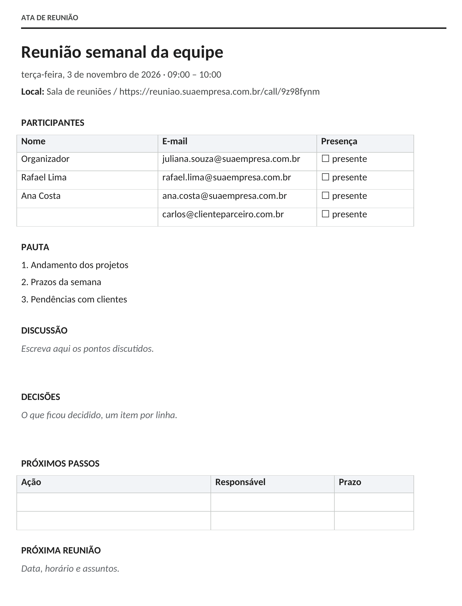 Documento da ata Reunião semanal da equipe, com data, local, tabela de participantes com presença, pauta e espaços para discussão, decisões, próximos passos e próxima reunião