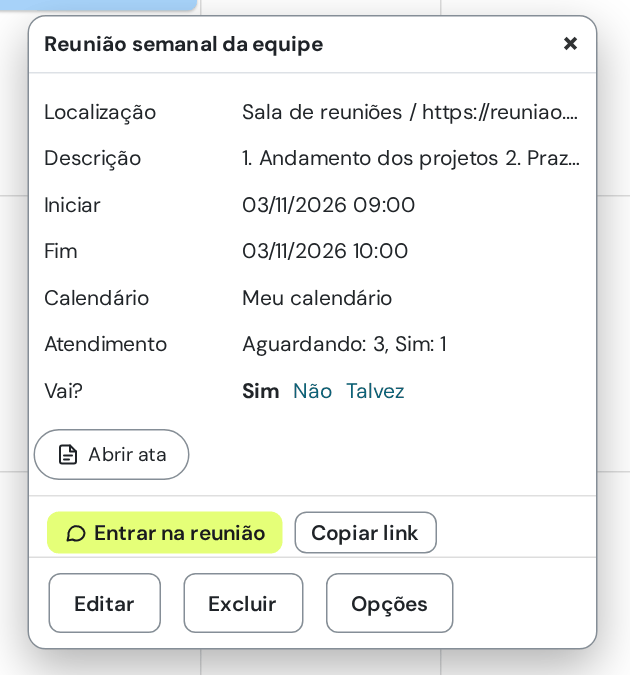 Prévia do evento na agenda, com o botão Abrir ata acima do botão Entrar na reunião