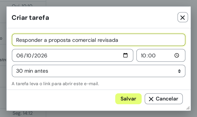 Janela Criar tarefa com o título, a data, a hora, o lembrete e a nota de que a tarefa leva o link para abrir o e-mail