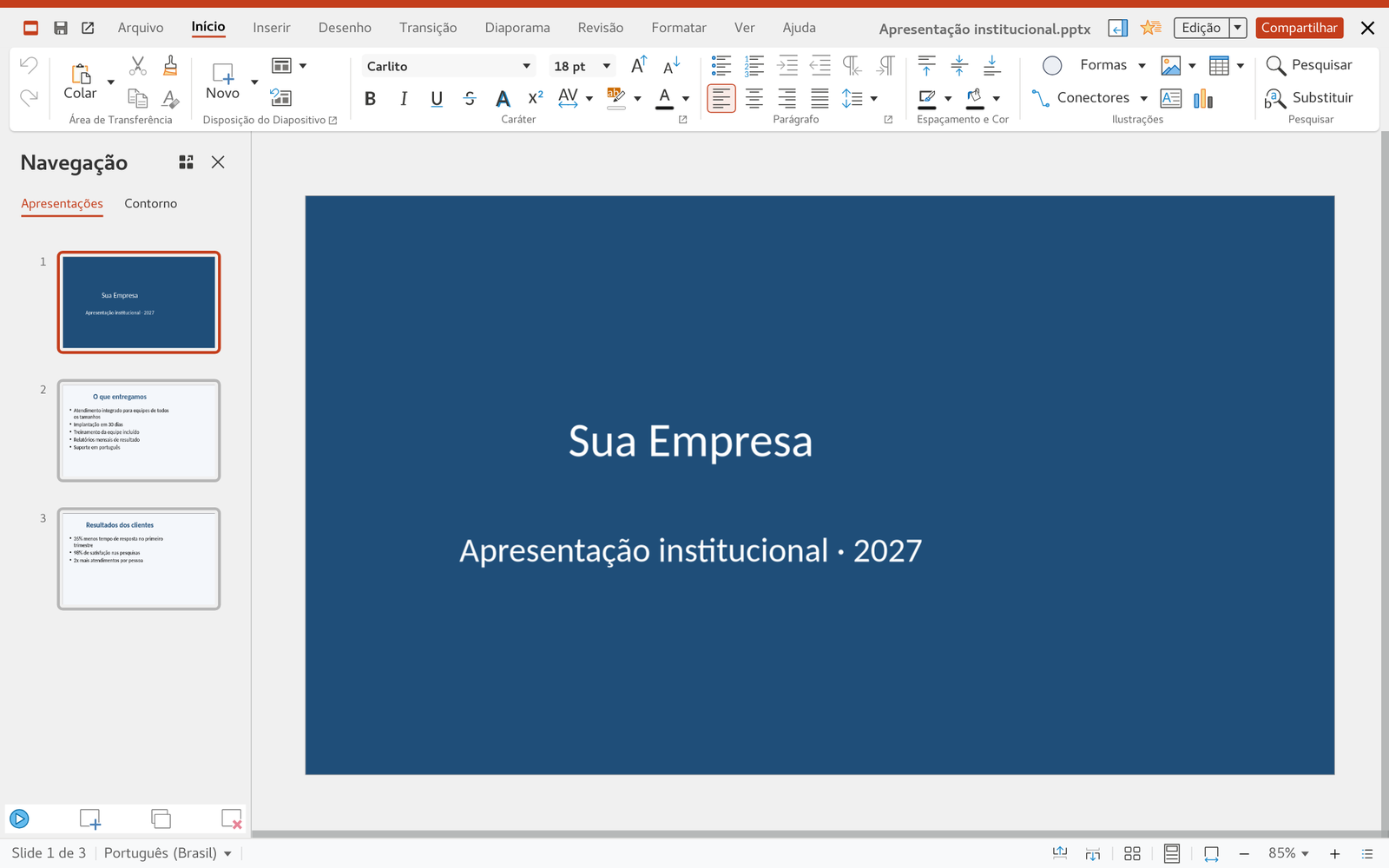 Apresentação institucional com os slides à esquerda