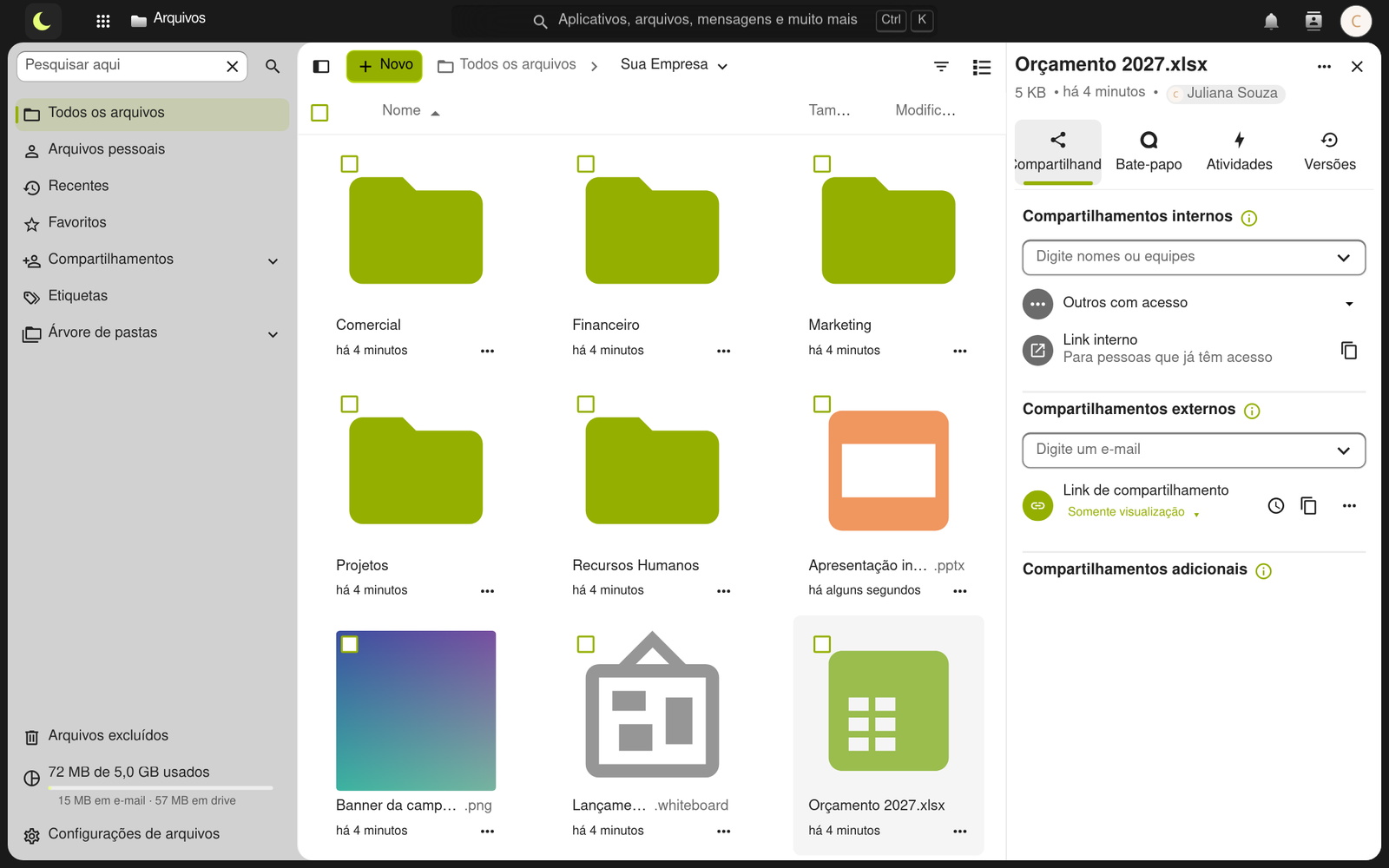 Painel de compartilhamento de uma planilha, com o link protegido por senha e o campo para compartilhar com colegas