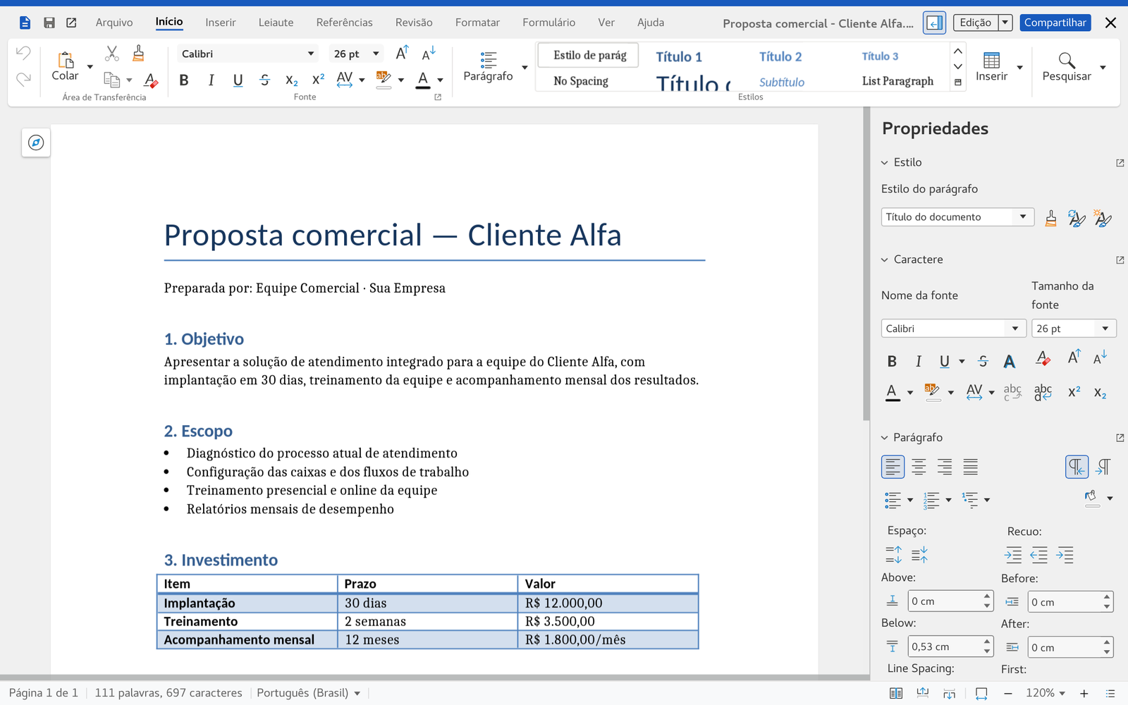 Proposta comercial aberta no editor de documentos, com a barra de formatação e o painel de propriedades