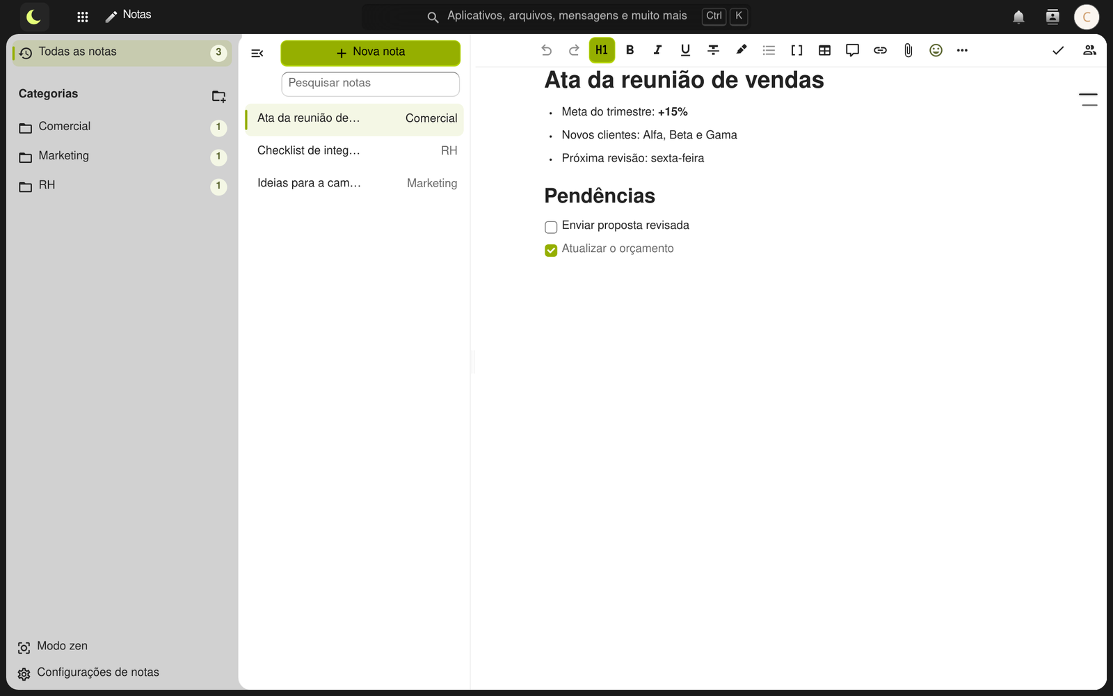 Ata da reunião de vendas aberta no app Notas, com as categorias e a lista de notas à esquerda