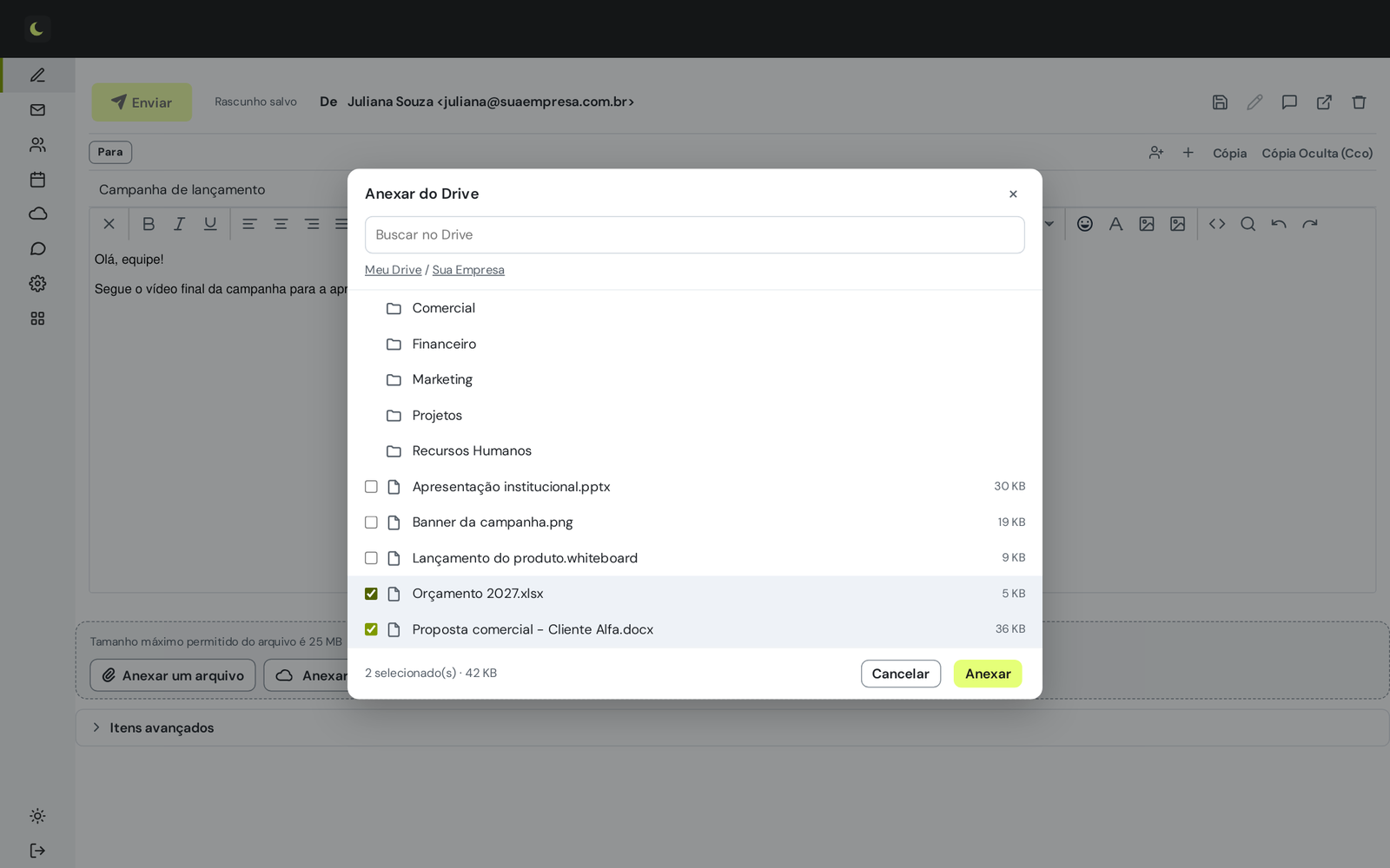 Janela do webmail para anexar arquivos do Drive, com a pasta Sua Empresa aberta e dois arquivos selecionados