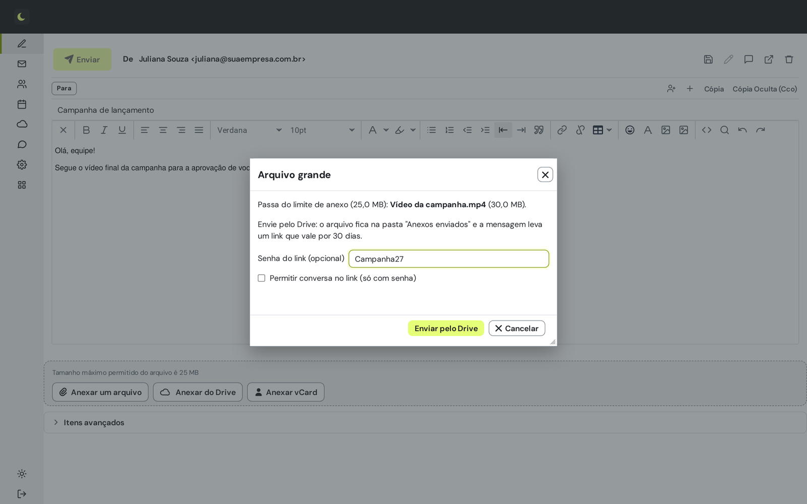 Mensagem no webmail com um vídeo grande enviado como link do Drive no lugar do anexo