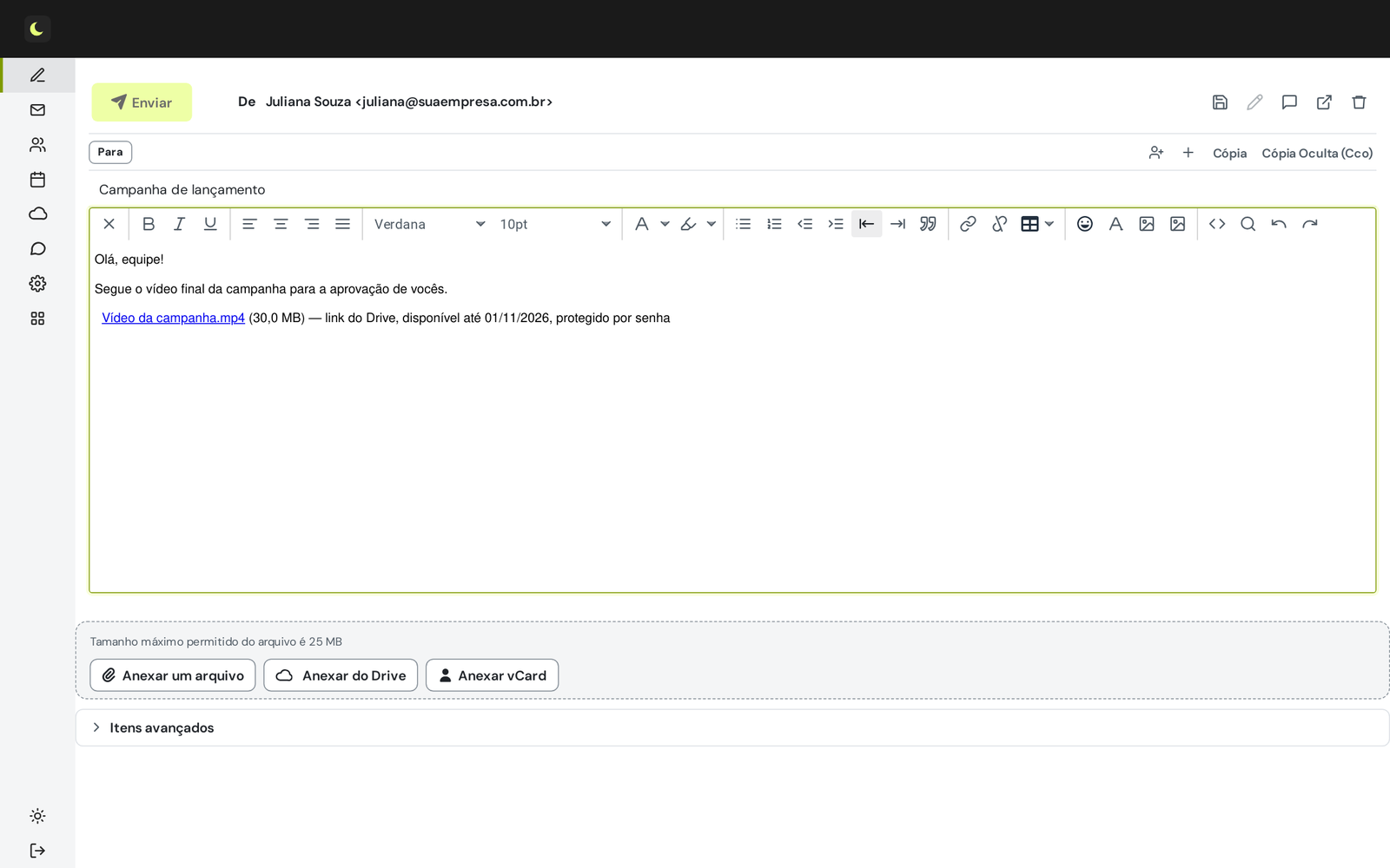 Mensagem no webmail com o link compartilhado de um arquivo do Drive no corpo do e-mail