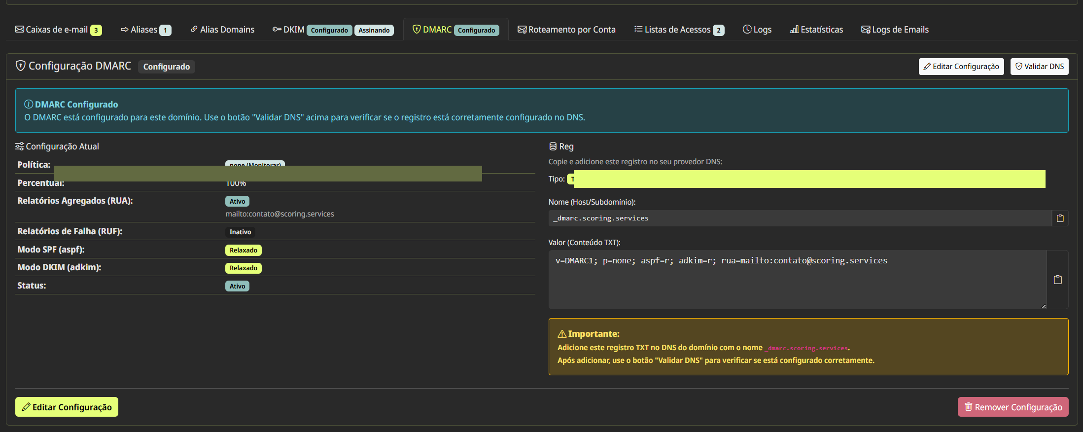 Configuração DMARC com política e registro DNS gerado