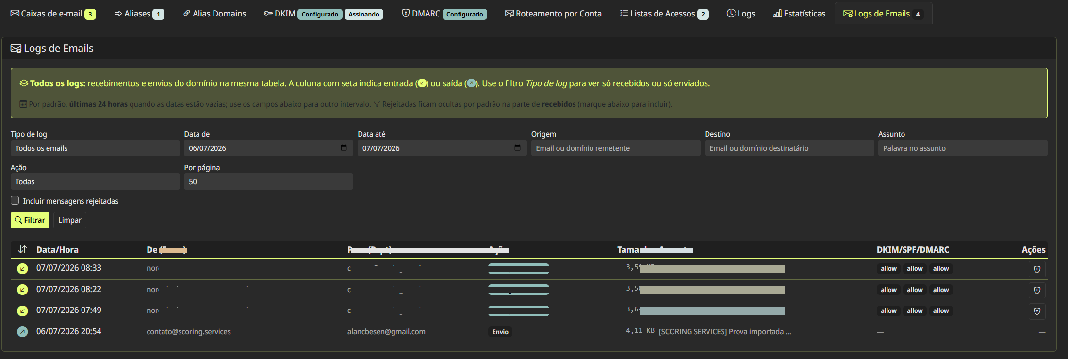 Logs de e-mails com filtros de envio e recebimento