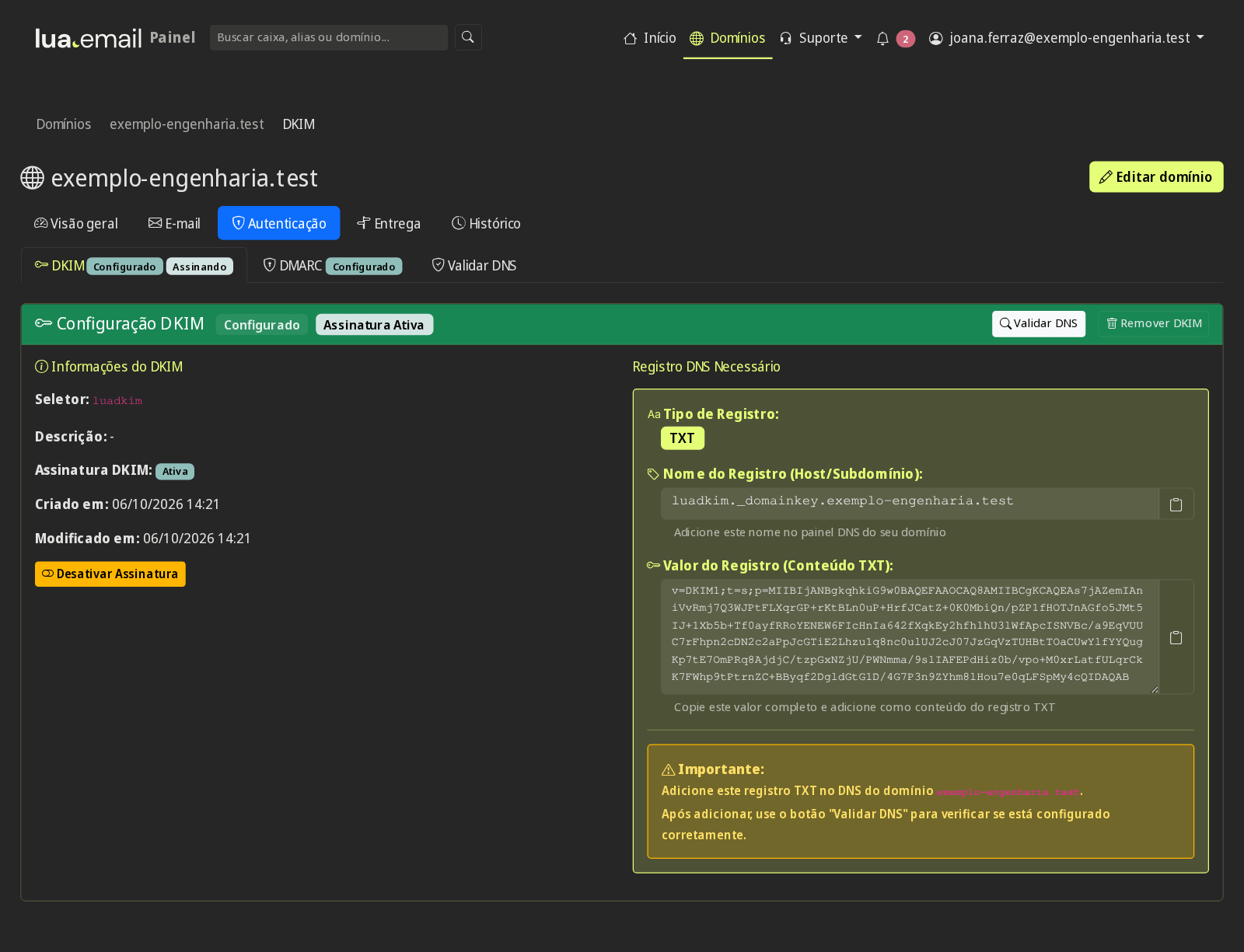 Configuração DKIM com assinatura ativa e o registro TXT pronto para copiar